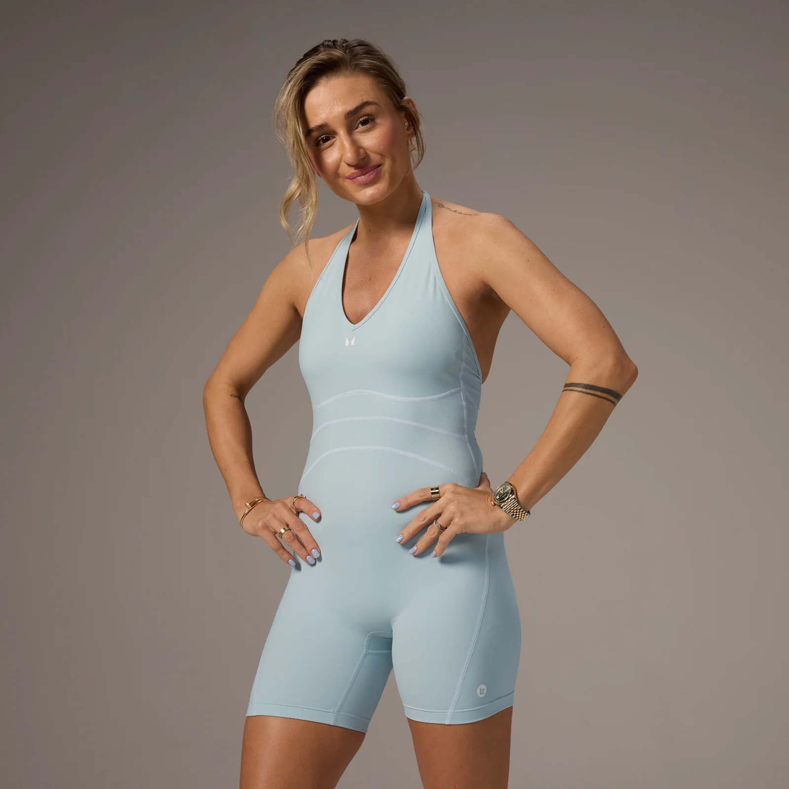 MP X Tatiana halterneck-malliset All-In-One-shortsit kontrasteilla – Light Aqua - XS Image 1